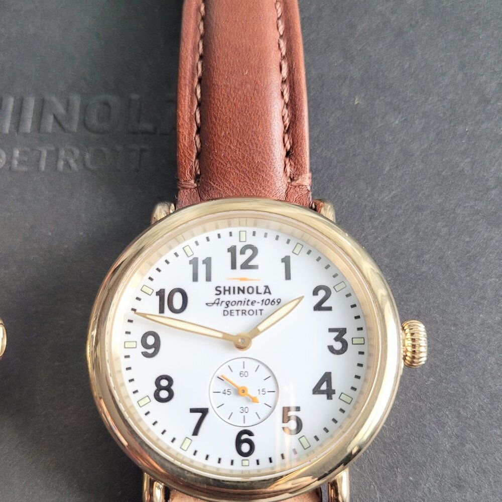 Shinola Watch Gold Runwell 41mm Argonite 1069 Quartz Rich Brown Leather Strap